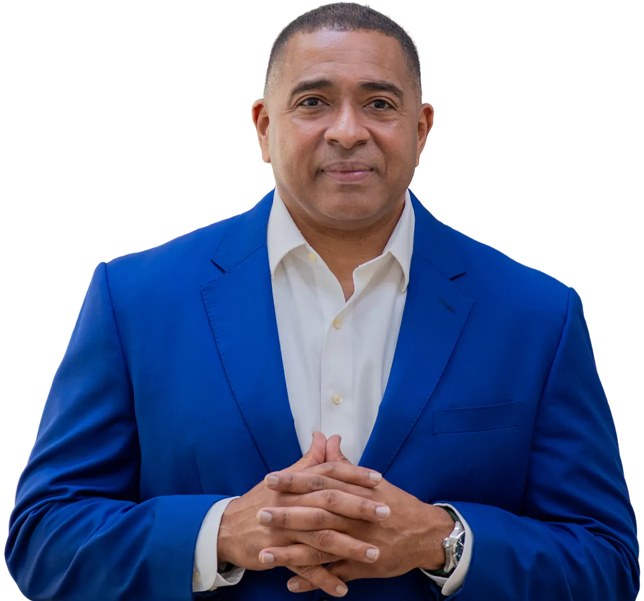 Attorney in a blue suit with his hands clasped