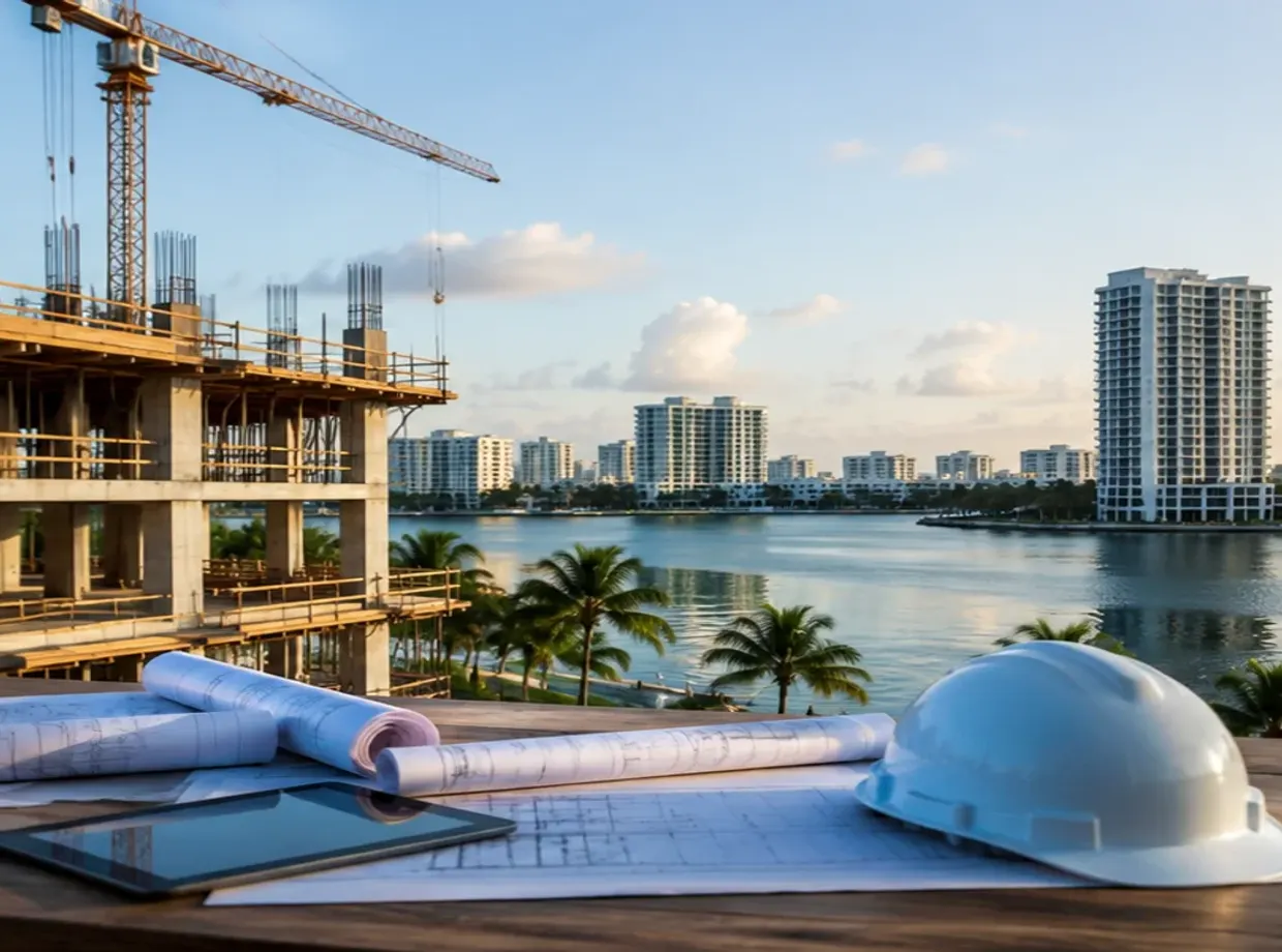 A building under construction beside a Fort Lauderdale waterway, with blueprints and a white hard hat on a table in front