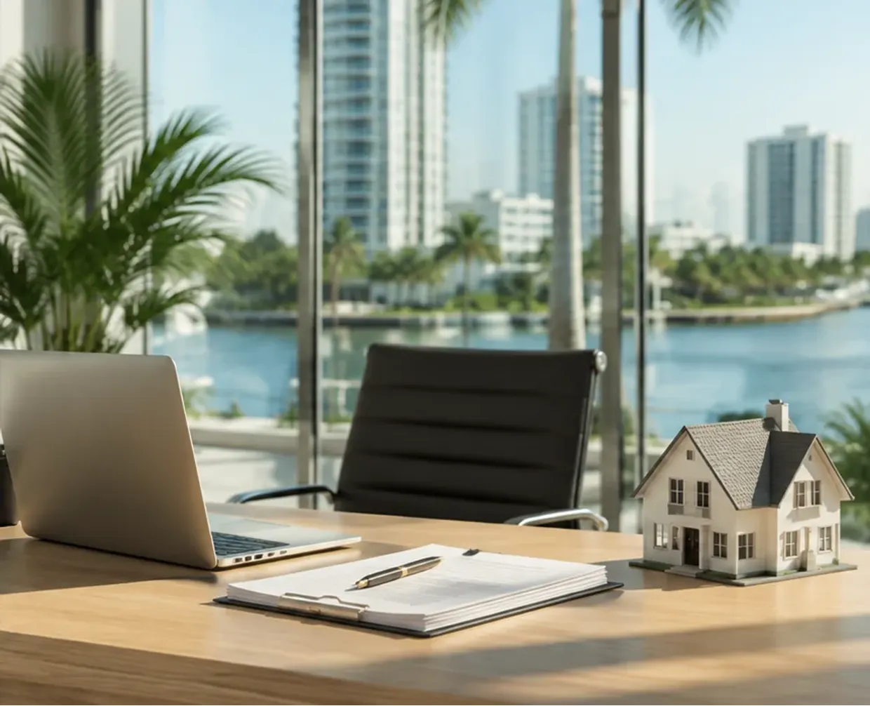 A desk with a laptop, a clipboard and a model house in an office overlooking a waterway and high-rises