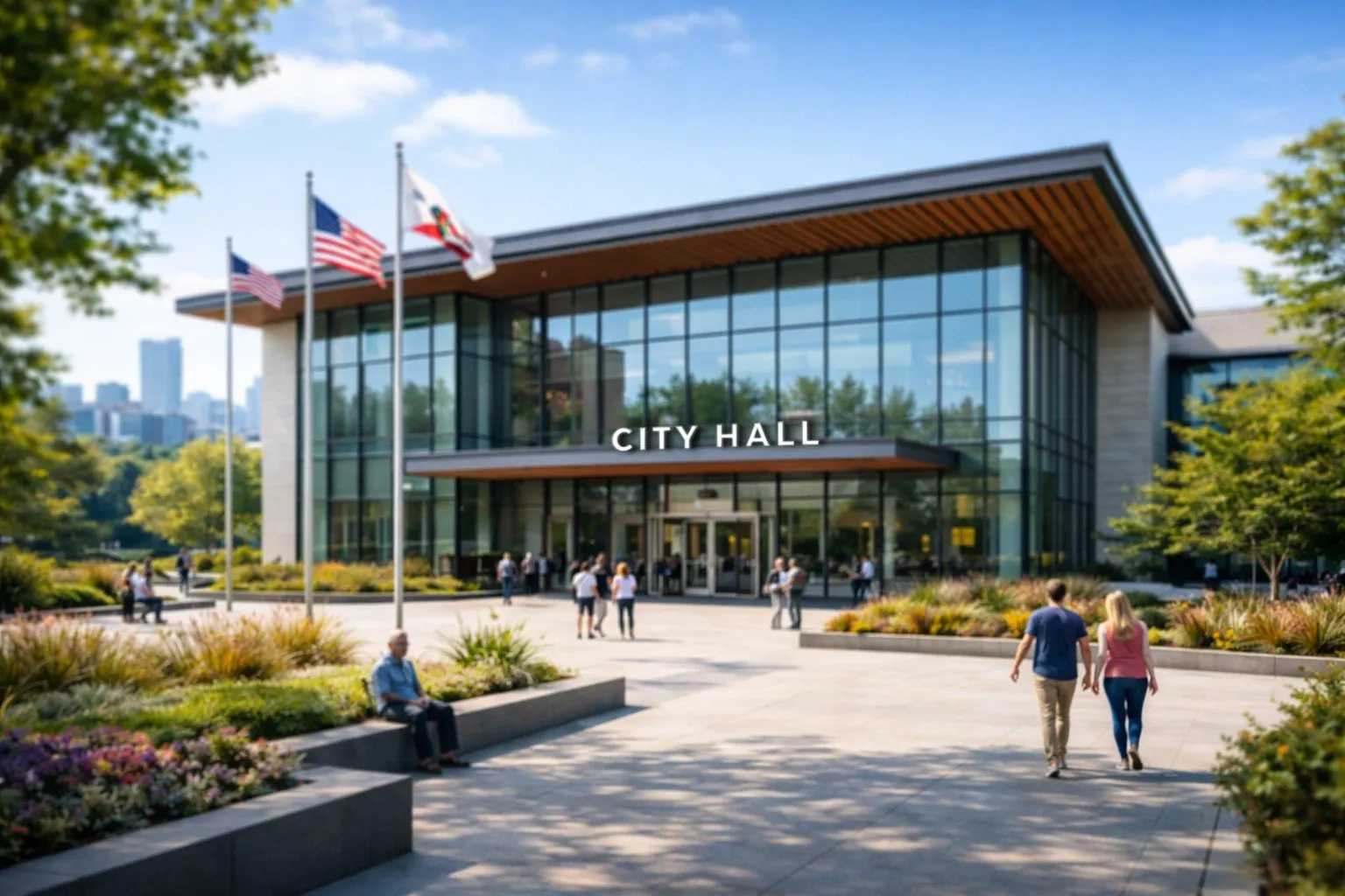 A modern city hall building with flags in front, people walking on the plaza